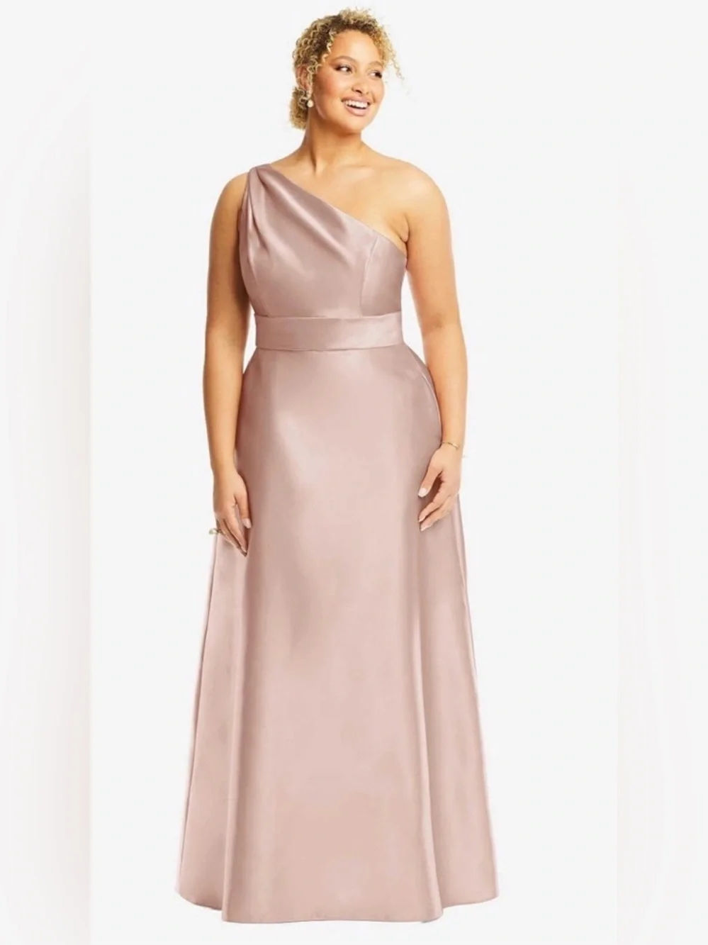 Alfred Sung Draped One Shoulder Satin Maxi Dress with Pockets Toasted Sugar - Picture 4 of 10